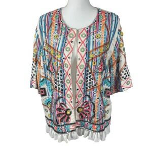 Indigo Moon Embellished Art Jacket Beaded Embroidered Open Front‎ Boho Hippie L